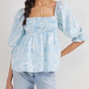 Blue Anthropologie Faithful Linen Babydoll Blouse Size Medium